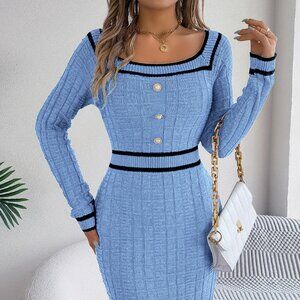 Contrast Trim Long Sleeve Sweater Dress